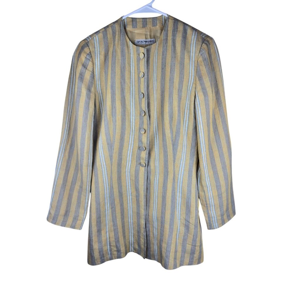 Emporio Armani‎ Womens Striped Button-Down Jacket Beige/Gray Linen Blend
